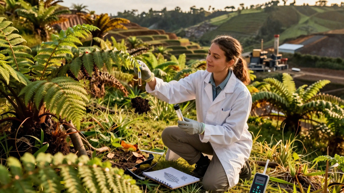 Cientista em bata branca analisa amostra de solo numa paisagem rural com vegetação abundante.
