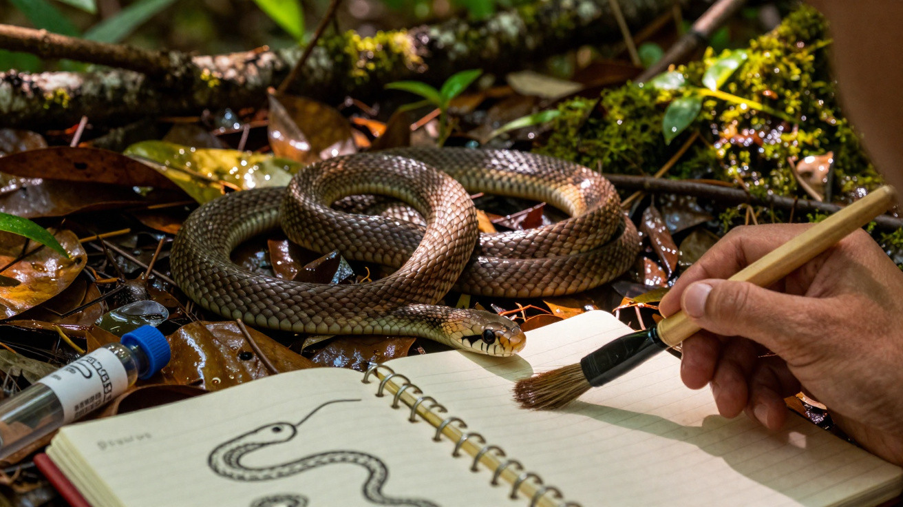 Serpente enrolada na folha com pessoa a desenhar e pintar um esboço da cobra num caderno de anotações.