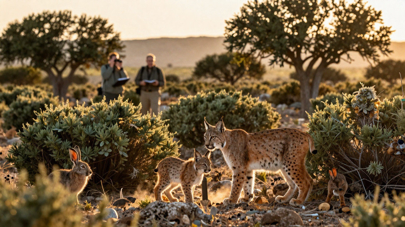 Lince-ibérico e filhote entre vegetação com coelhos ao redor e dois observadores ao fundo ao pôr do sol.