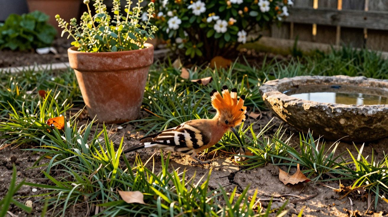 Pássaro chapim-laranja com topete aberto no chão ao lado de vaso de flores e bebedouro no jardim.
