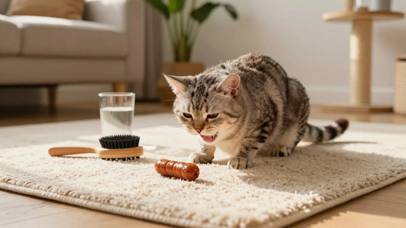 Gato cinzento com patinhas brancas observa brinquedo no tapete, com escova e copo de água ao lado.