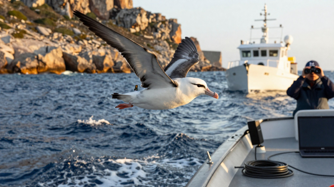 Albatroz voando perto de um barco no mar com falésias ao fundo e uma pessoa a observar com binóculos.