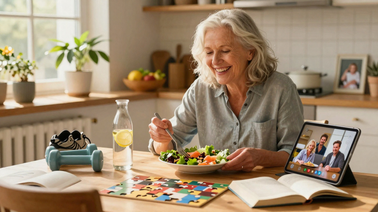 Mulher idosa sorridente almoçando salada em casa, com tablet em videochamada e quebra-cabeças na mesa.