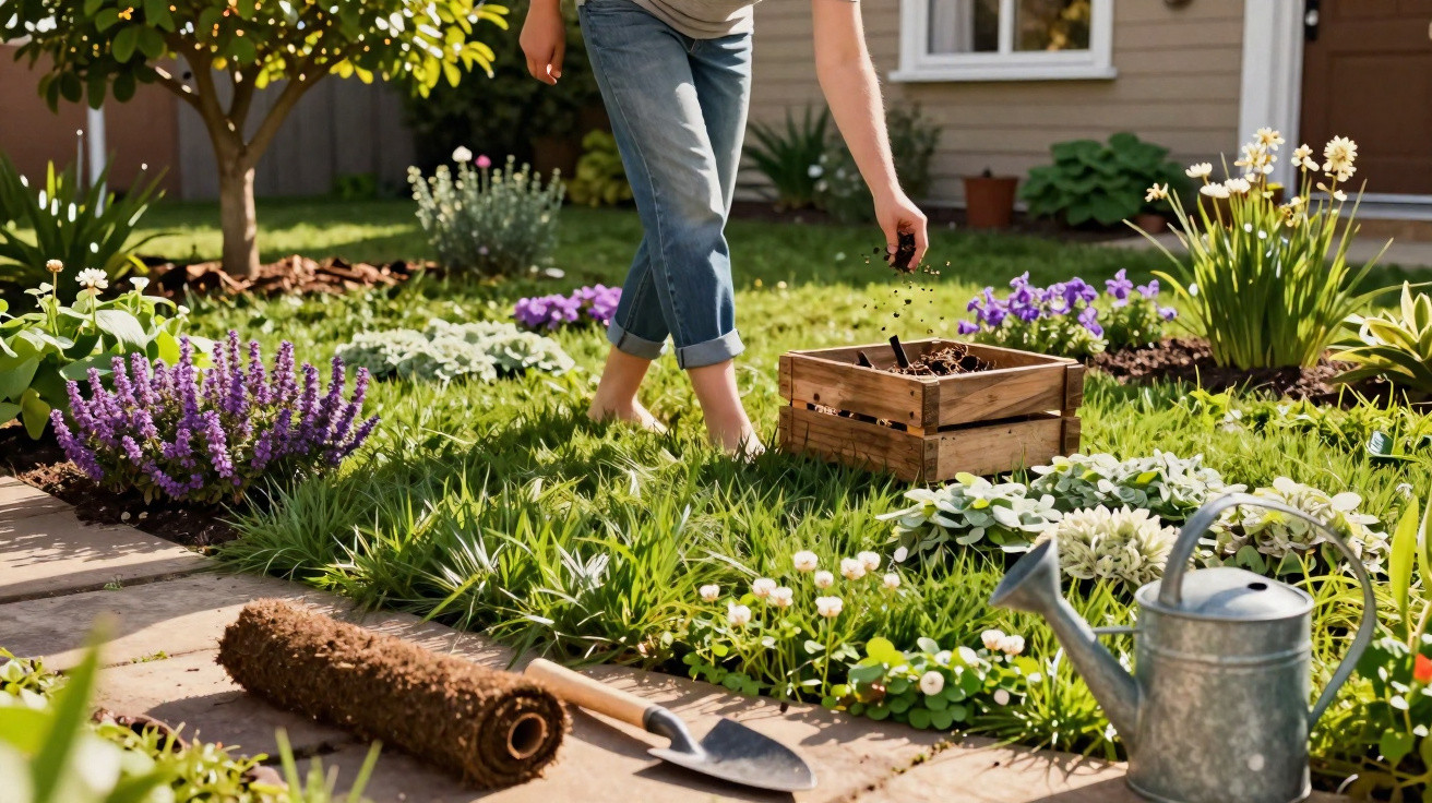 Pessoa a deitar composto numa horta florida com ferramentas de jardinagem e regador no chão.