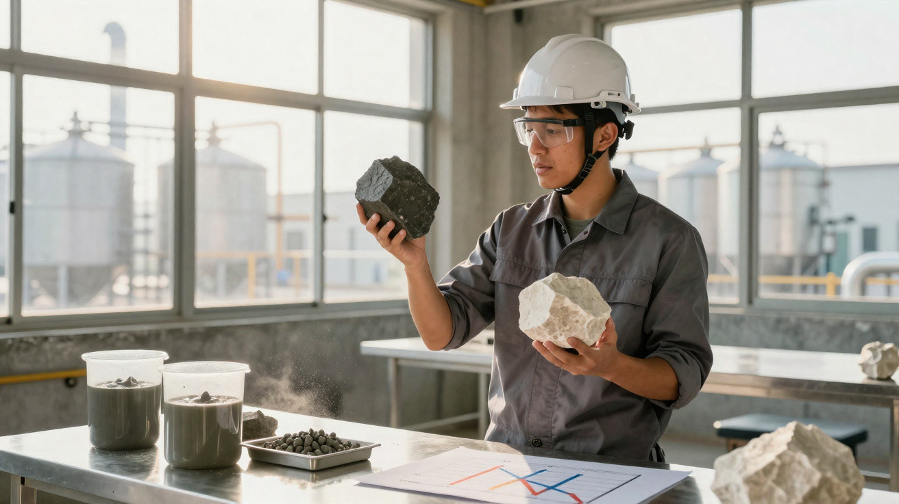 Engenheiro a analisar amostras de rochas em laboratório industrial com gráfico sobre a mesa.