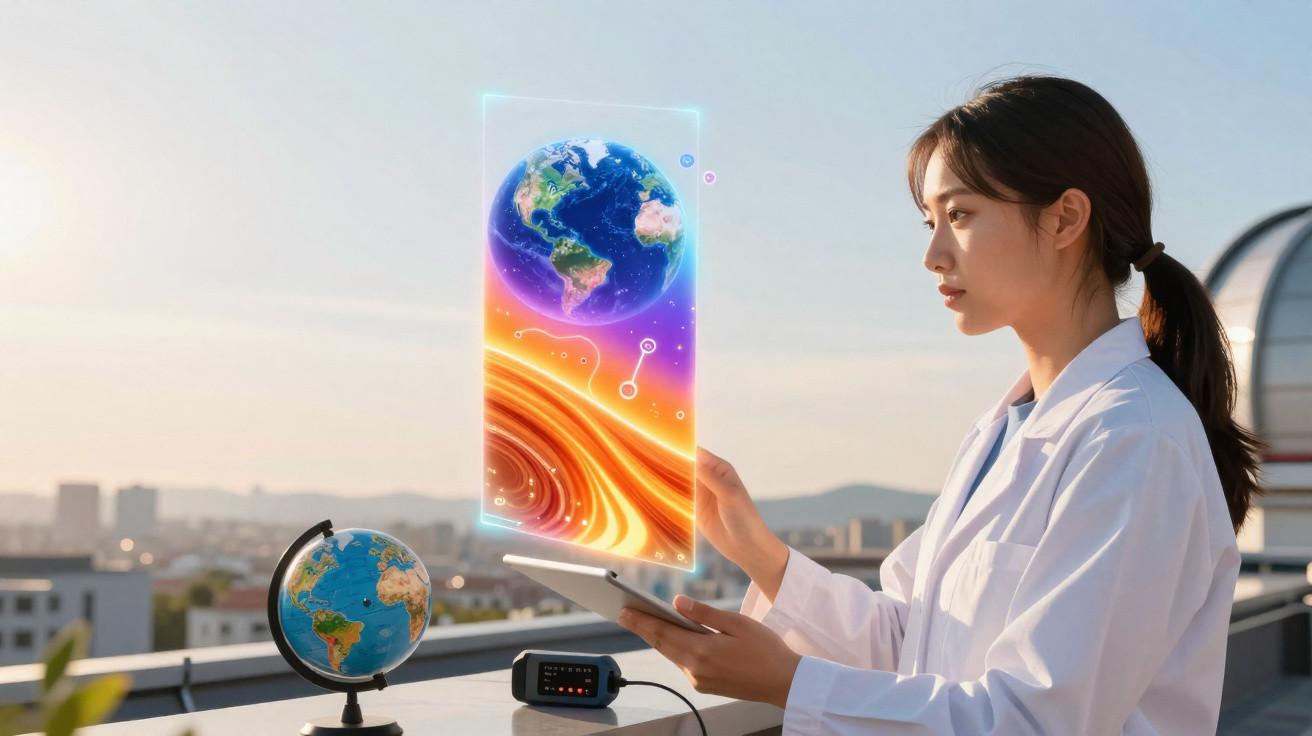 Cientista com bata branca interage com holograma do planeta Terra numa varanda com cidade ao fundo.