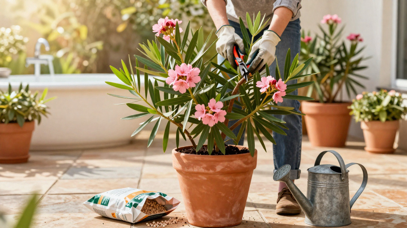 Pessoa a podar planta com flores cor-de-rosa num vaso de barro num terraço ensolarado.