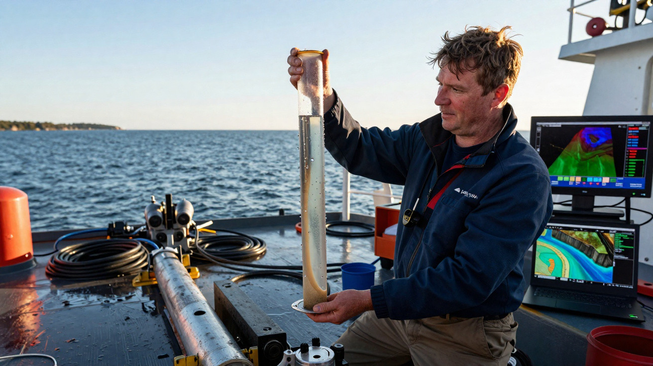 Homem a analisar amostra de sedimentos num barco com oceanos e equipamentos científicos ao fundo.