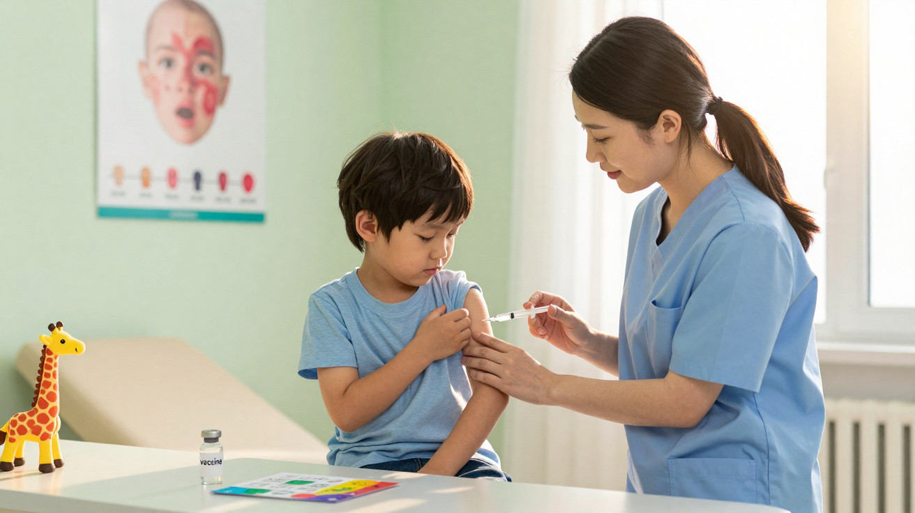 Criança a receber vacina no braço por enfermeira numa clínica, com brinquedo e material médico na mesa.
