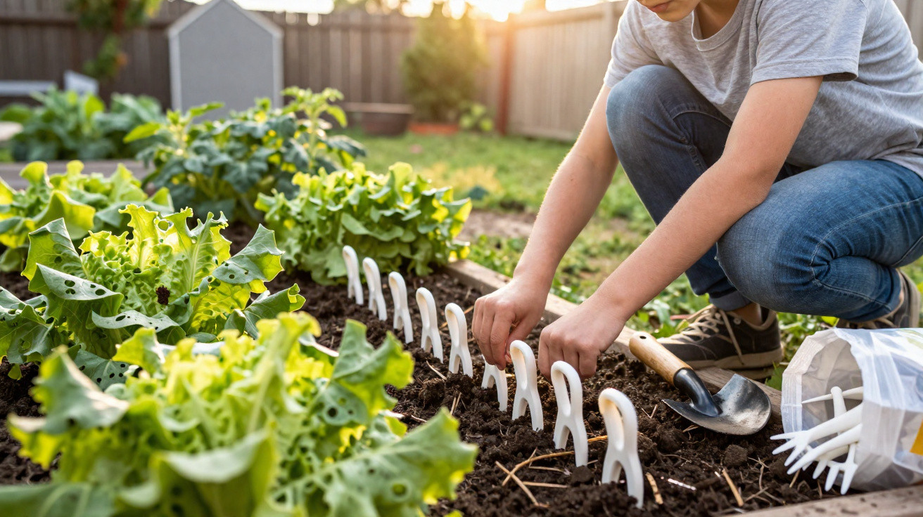 Criança a plantar marcadores em canteiro de vegetais verdes ao ar livre num jardim.