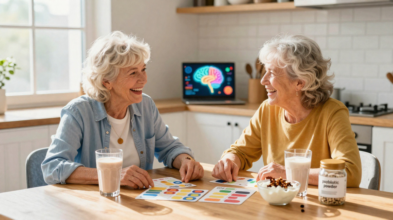 Duas mulheres idosas sorridentes sentadas à mesa com gráficos e bebidas, numa cozinha iluminada.