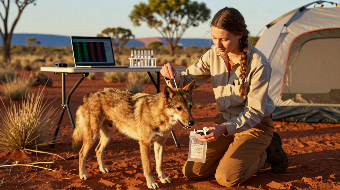 Jovem cientista com equipamento de campo a examinar amostra de animal semelhante a lobo no deserto.