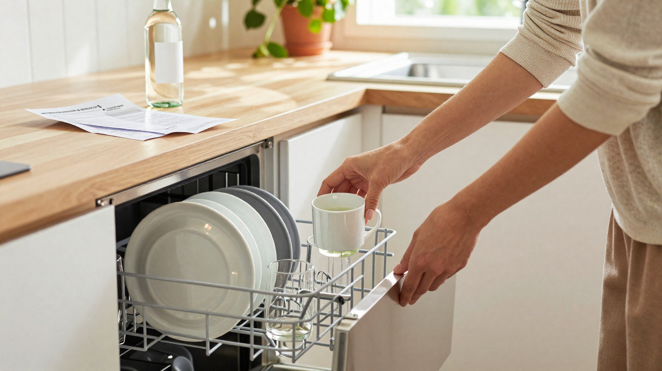 Pessoa a guardar uma chávena numa máquina de lavar loiça embutida numa cozinha moderna iluminada.