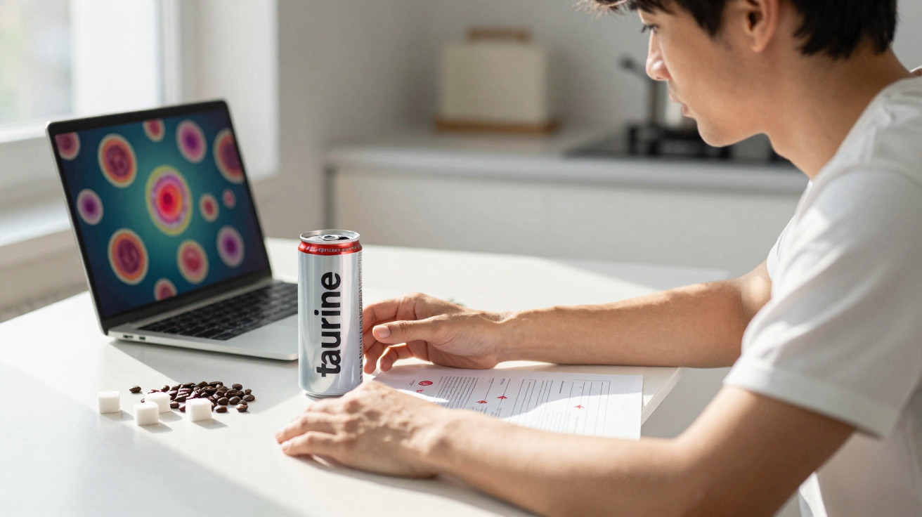 Jovem sentado à mesa com bebida energética, café, açúcar e computador com imagem colorida na tela.