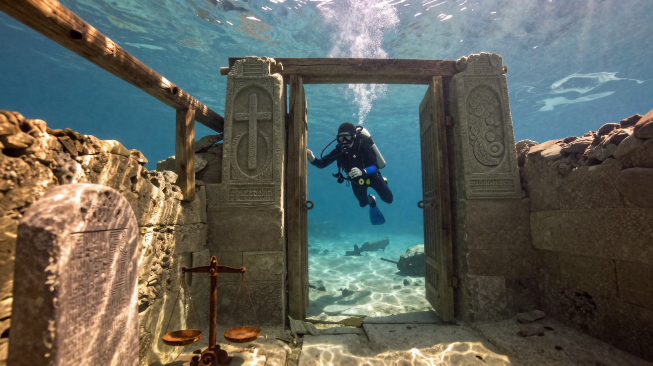 Mergulhador a explorar ruínas subaquáticas com porta antiga aberta e escultura de cruz.