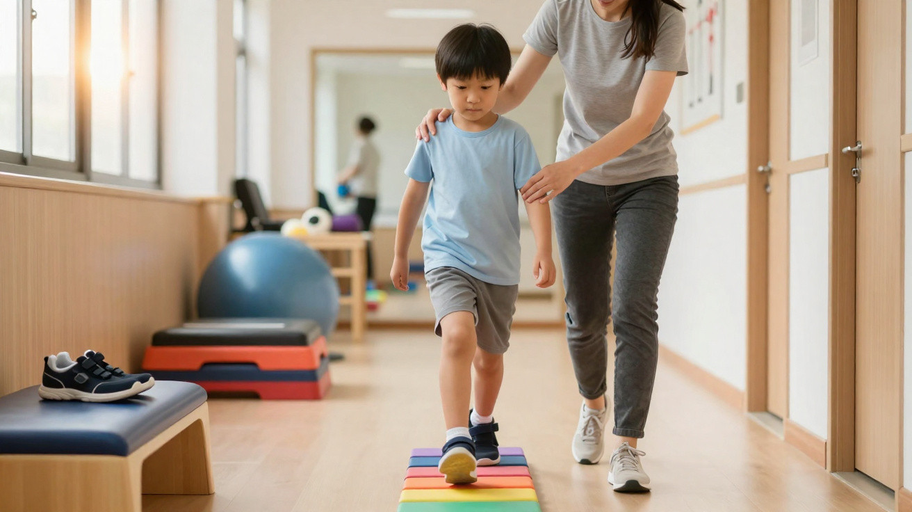 Criança a fazer exercícios de fisioterapia com supervisão numa clínica de reabilitação.