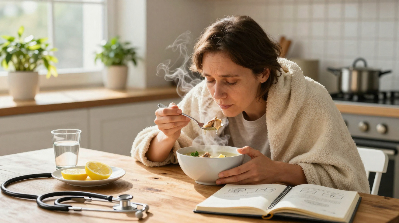 Mulher com manta a comer sopa quente numa cozinha, com estetoscópio e livro aberto à sua frente.