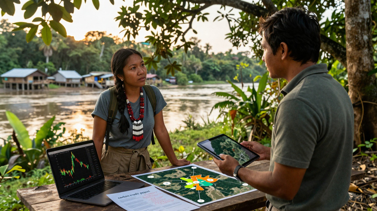 Duas pessoas com equipamentos tecnológicos analisam mapas e gráficos numa mesa ao ar livre junto a um rio.