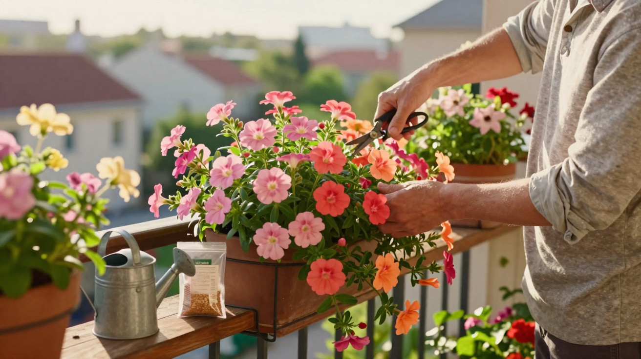 Pessoa a podar flores coloridas em vaso num varanda ensolarada com regador e sementes ao lado.