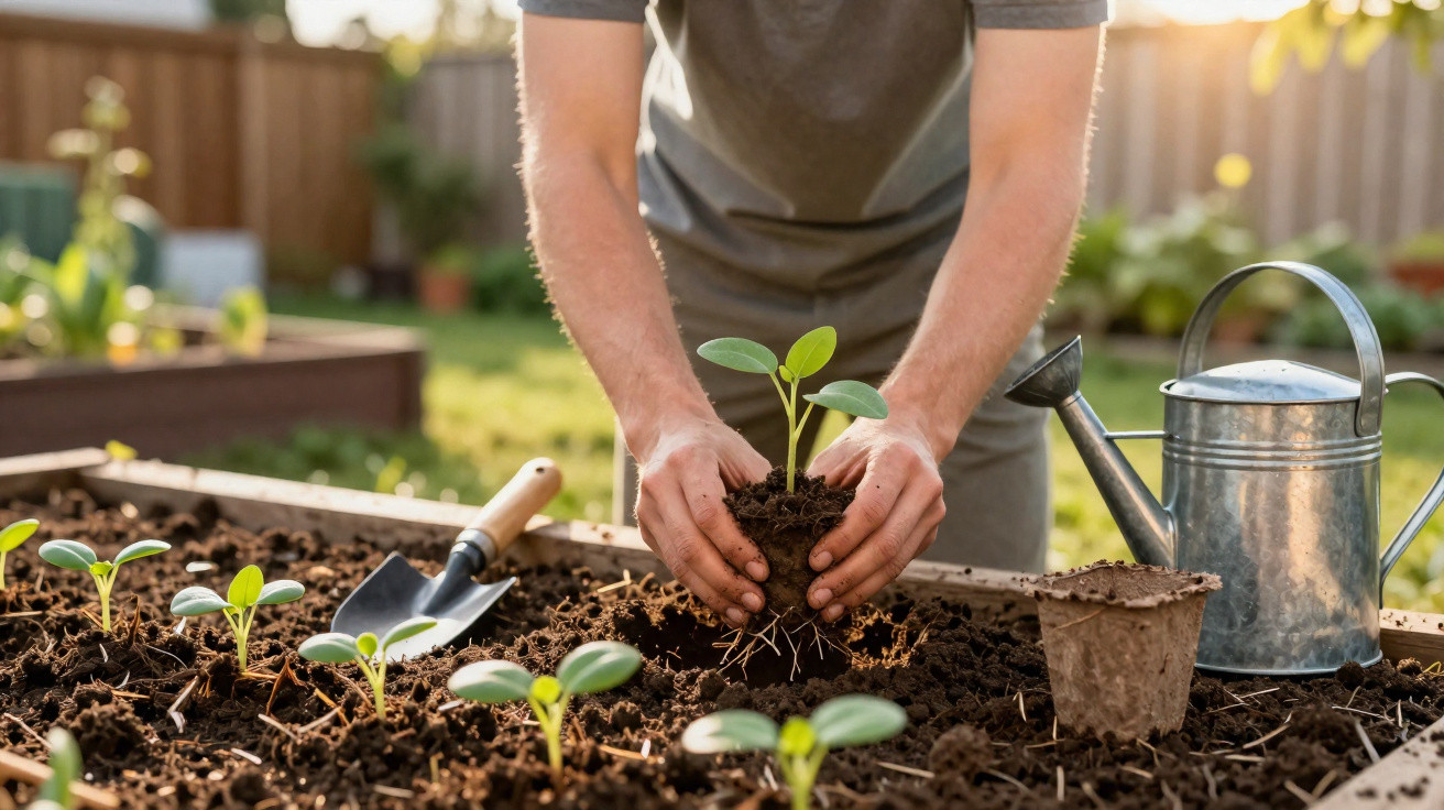 Pessoa a plantar muda de planta num canteiro de jardim com regador e enxada ao lado.