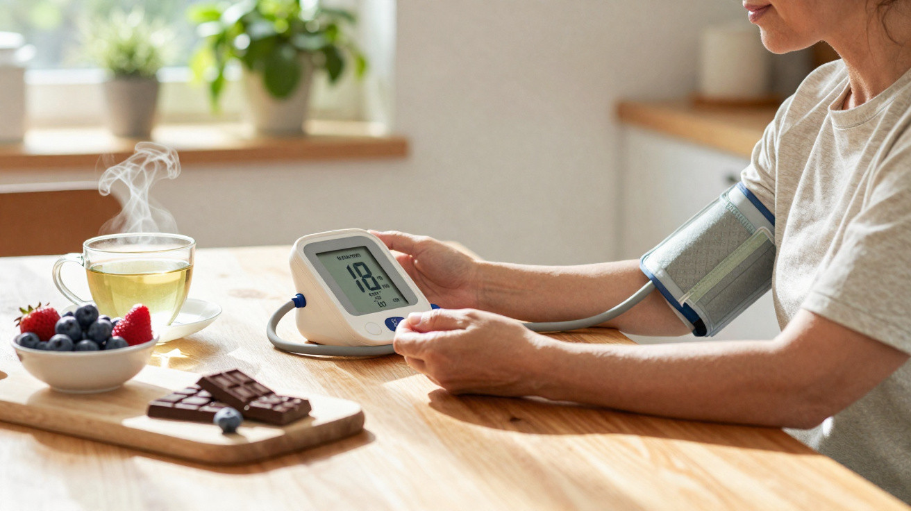 Pessoa a medir a tensão arterial em casa com monitor digital, chá quente, chocolate e frutos vermelhos numa mesa.
