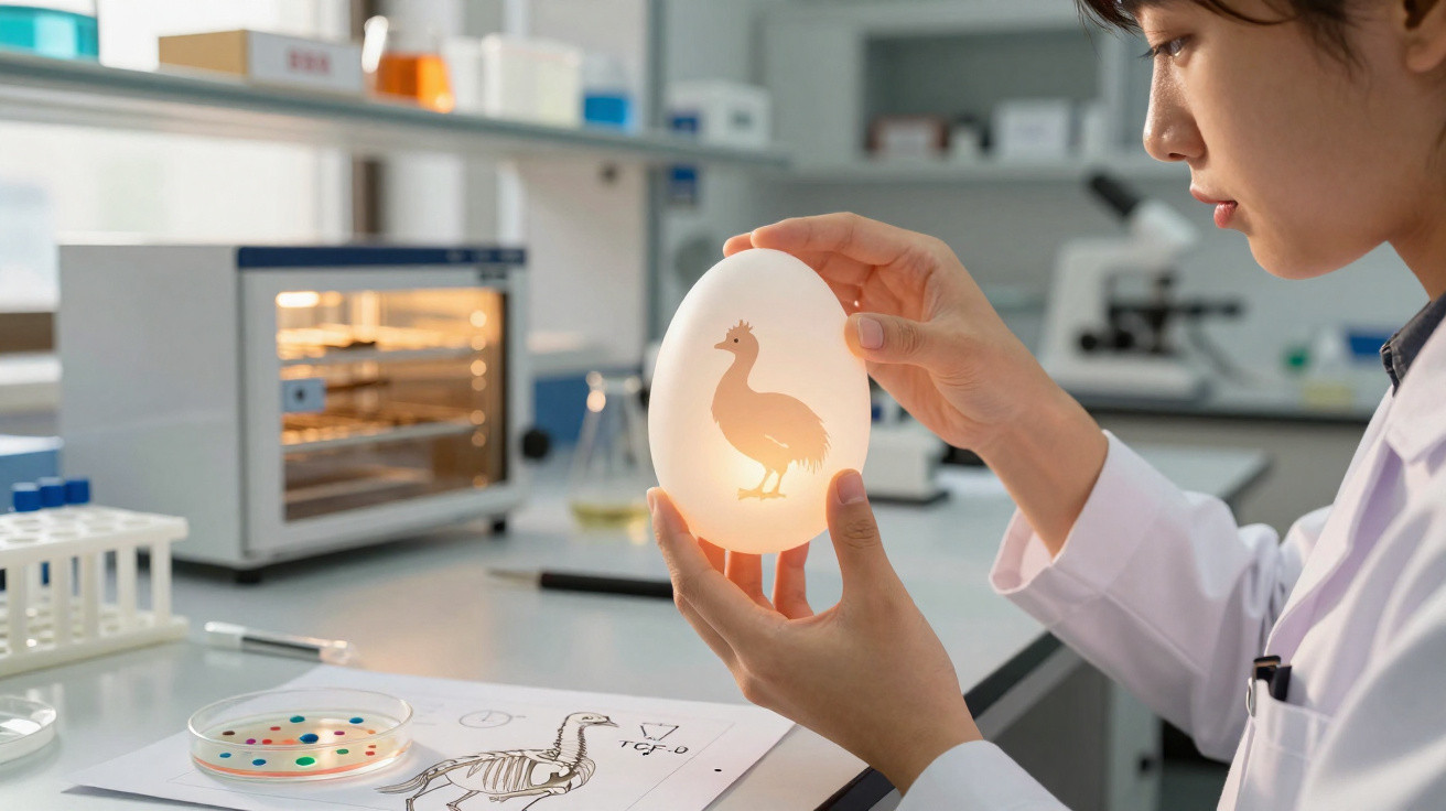 Cientista observa ovo translúcido com embrião de ave num laboratório moderno.