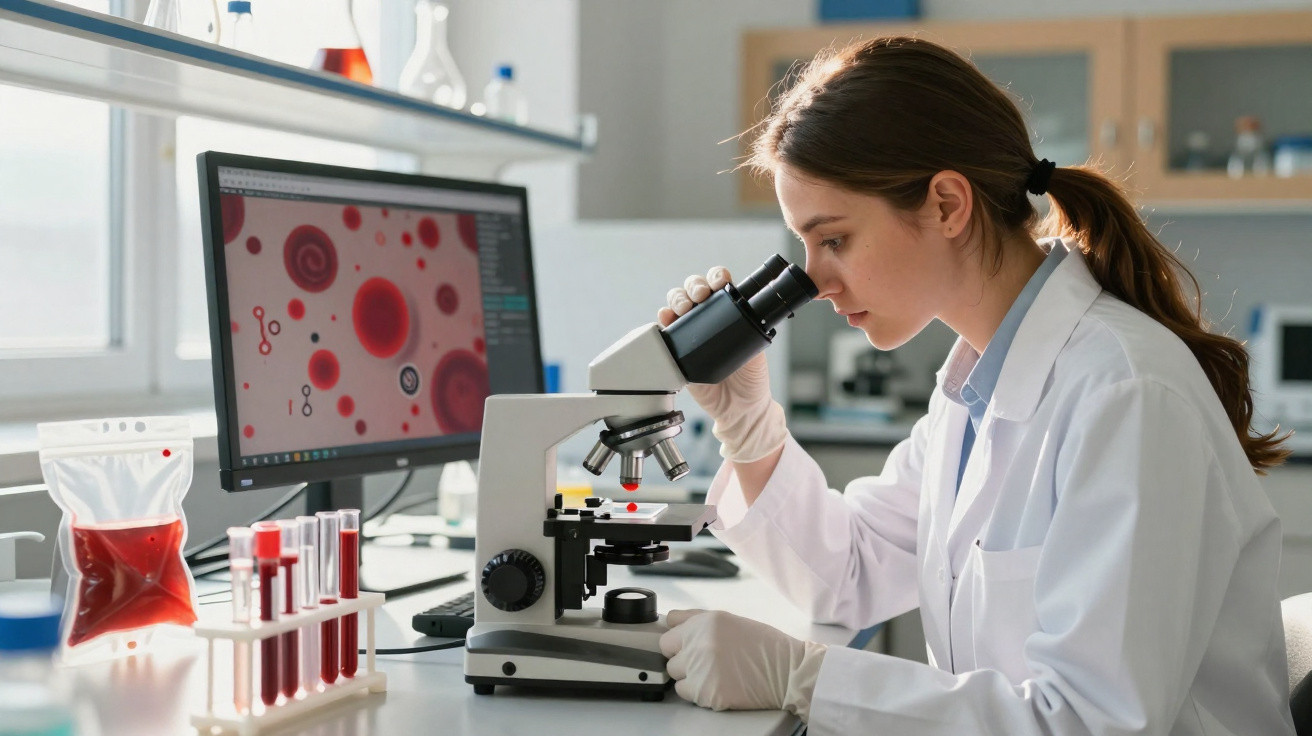 Mulher cientista em laboratório observa amostra ao microscópio com imagens de células vermelhas no ecrã.