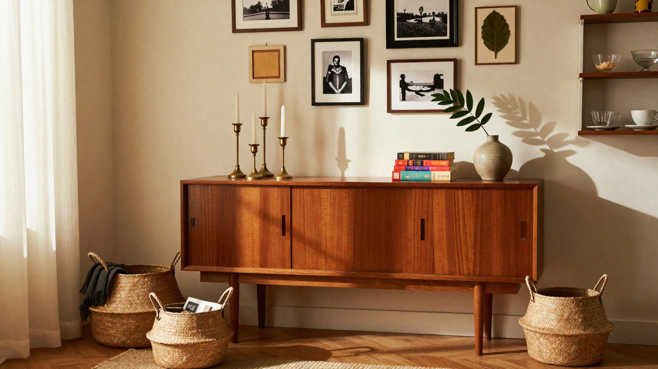 Aparador de madeira vintage com vasos, livros, castiçais, cestos de palha e fotografias emolduradas na parede.
