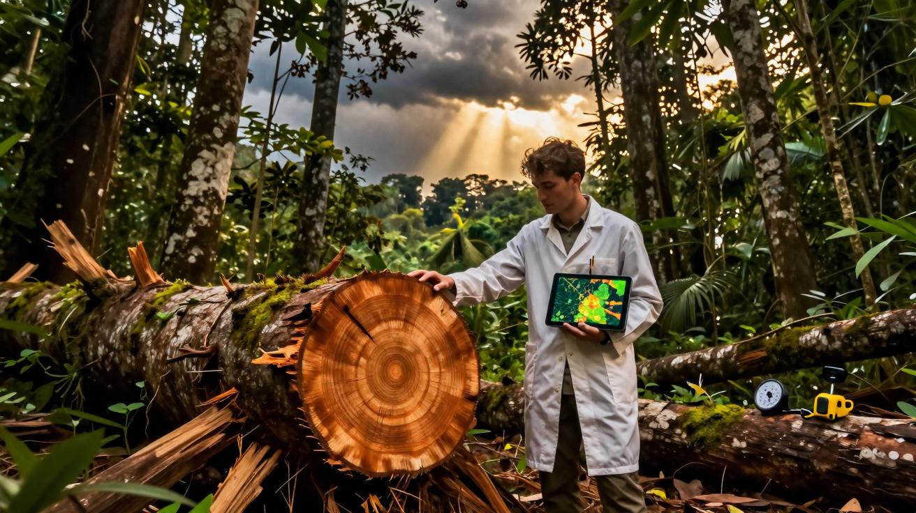 Cientista com bata branca analisa tronco de árvore cortada na floresta com tablet na mão.