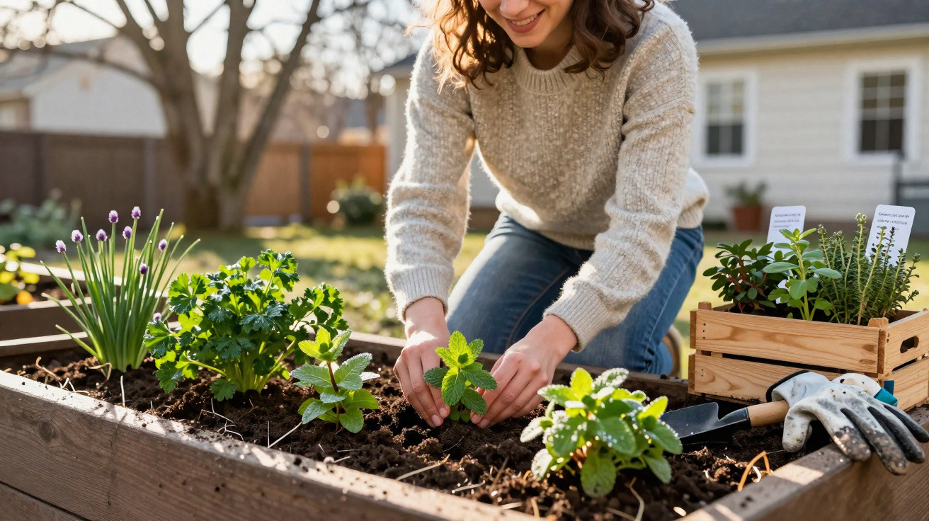 Mulher a plantar ervas aromáticas numa horta elevada ao ar livre num dia ensolarado.