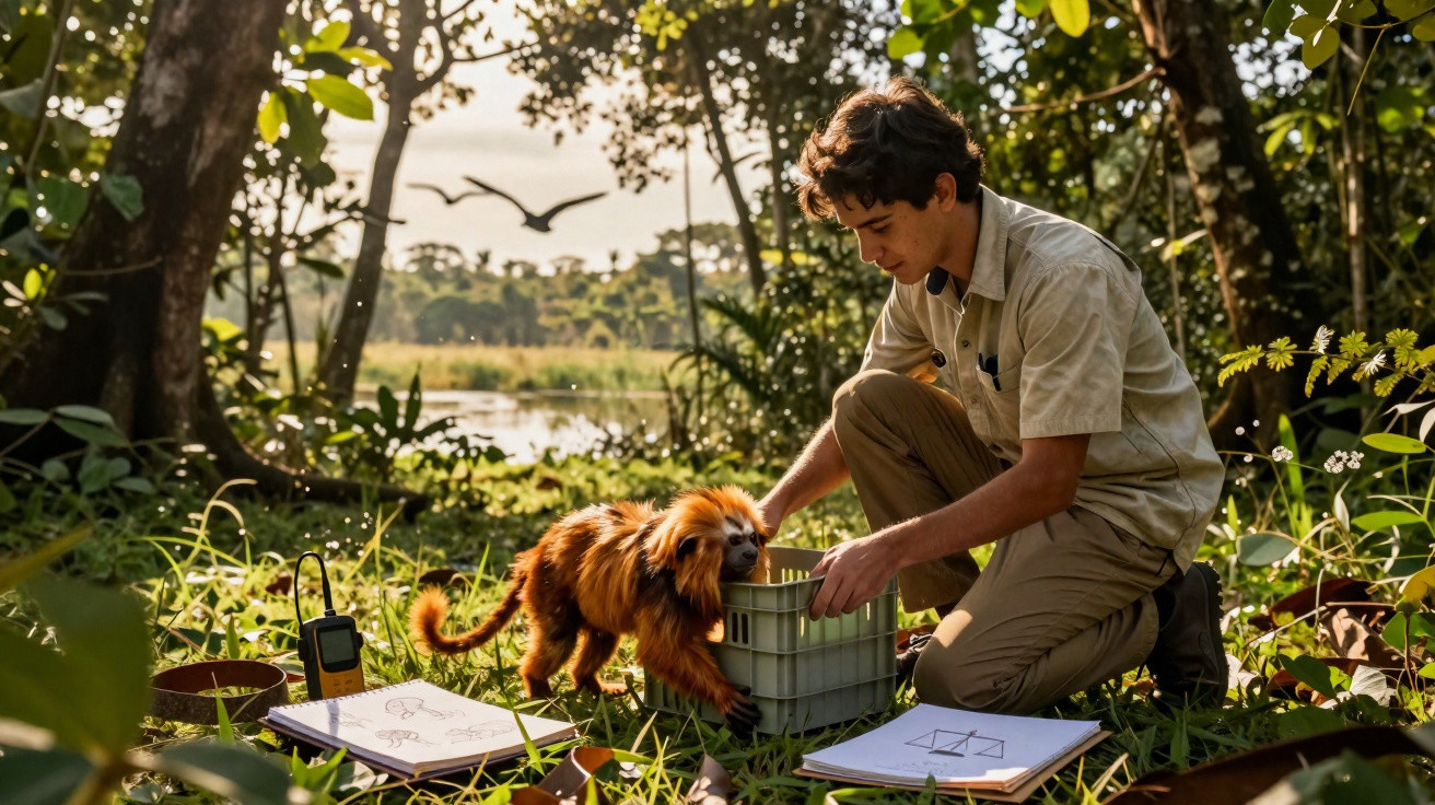 Homem ajoelhado na floresta interage com pequeno macaco dourado junto a cadernos e equipamento científico.