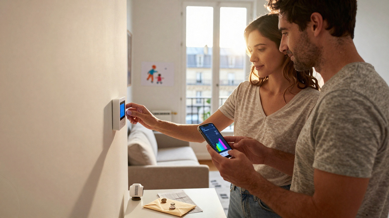 Casal ajusta a temperatura em termóstato digital enquanto consultam consumo energético num smartphone.