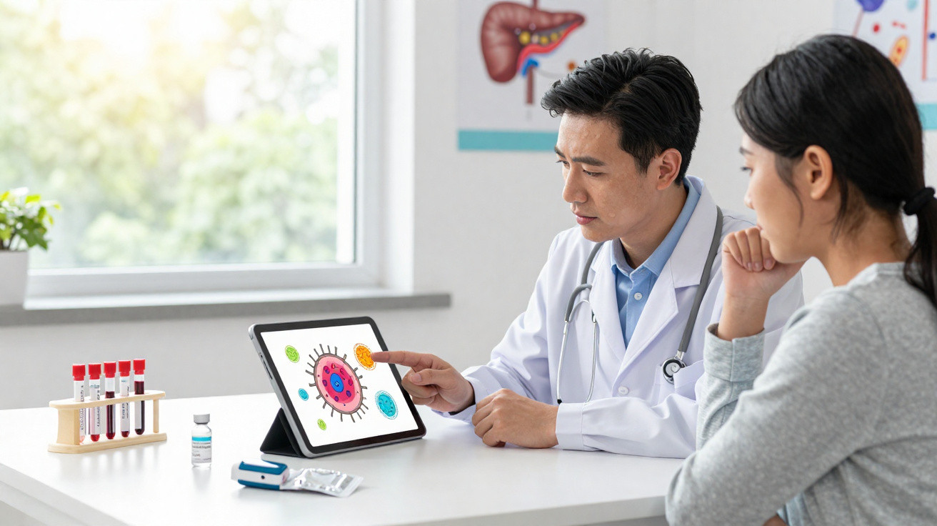 Médico explica a uma paciente imagens de vírus num tablet durante consulta num consultório.