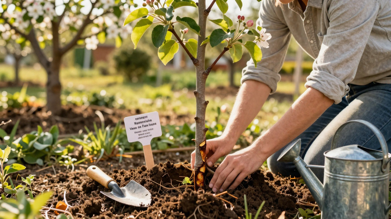 Pessoa a plantar uma árvore jovem num jardim, com regador e enxada junto do solo trabalhado.