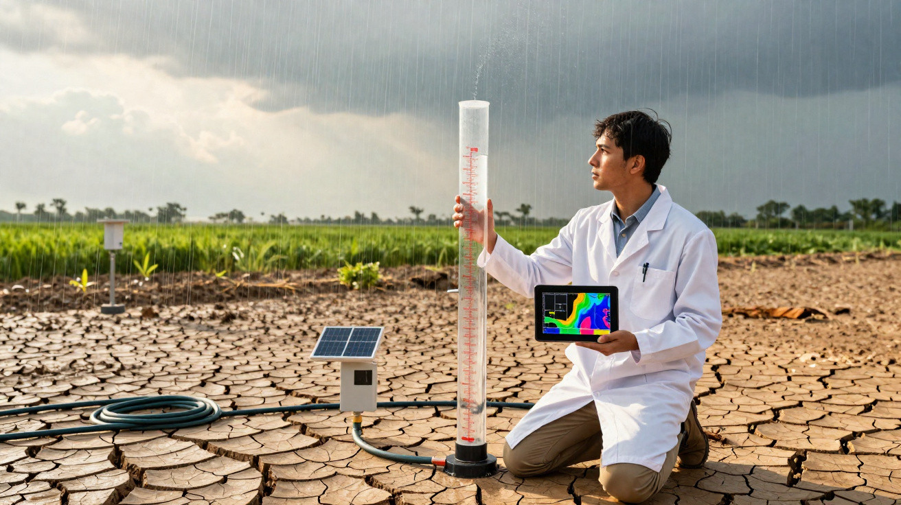 Cientista em campo seco mede pluviosidade com tubo graduado e câmara meteorológica com painel solar.