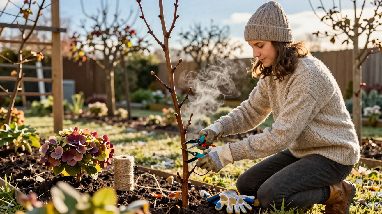 Mulher a podar uma árvore jovem num jardim durante um dia de inverno ensolarado.