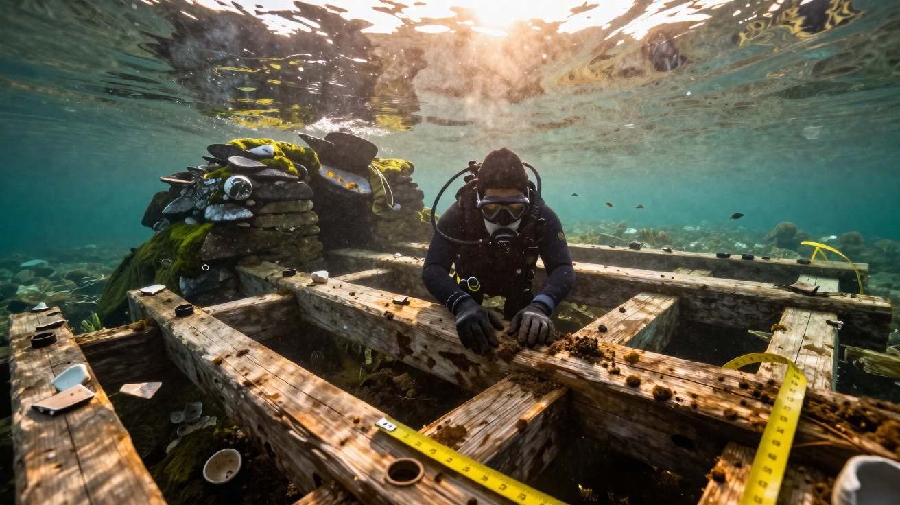 Mergulhador a explorar ruínas subaquáticas em estrutura de madeira com fitas métricas e peixes ao redor.