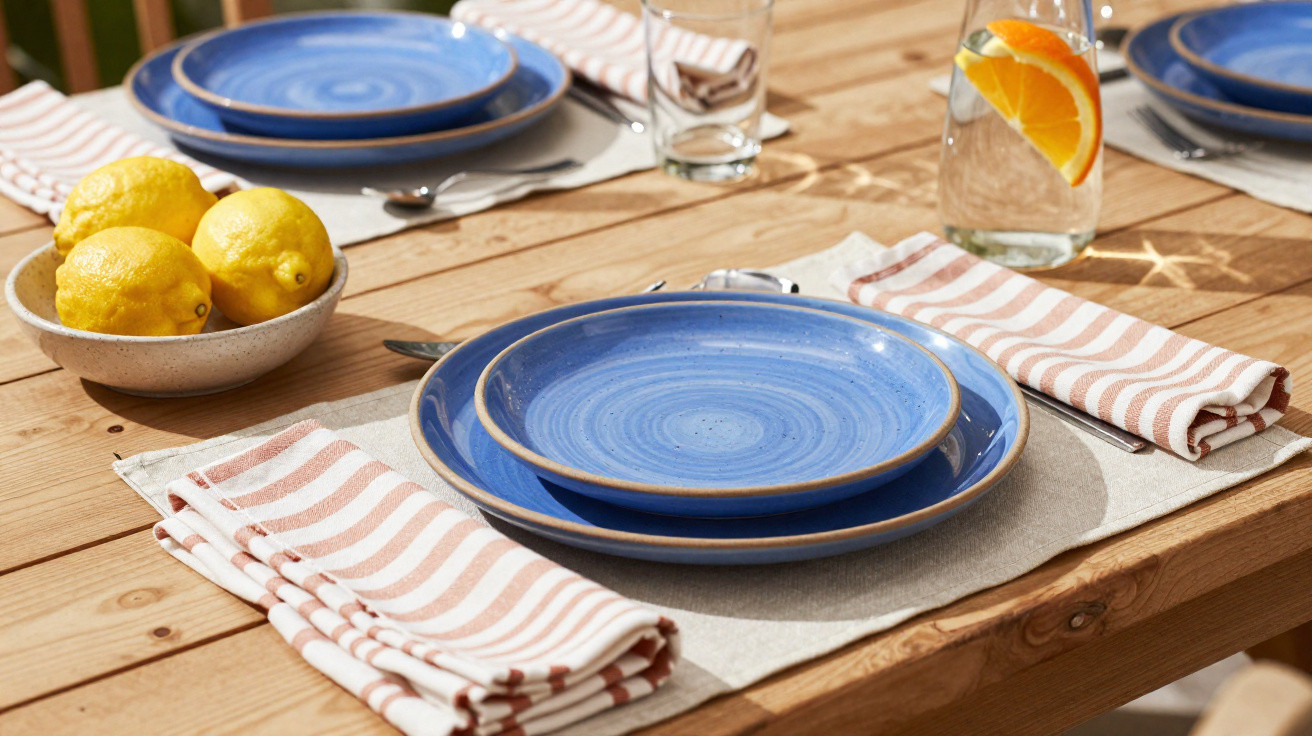 Conjunto de louça azul e guardanapos às riscas em mesa de madeira com tigela de limões e copo com fatia de laranja.