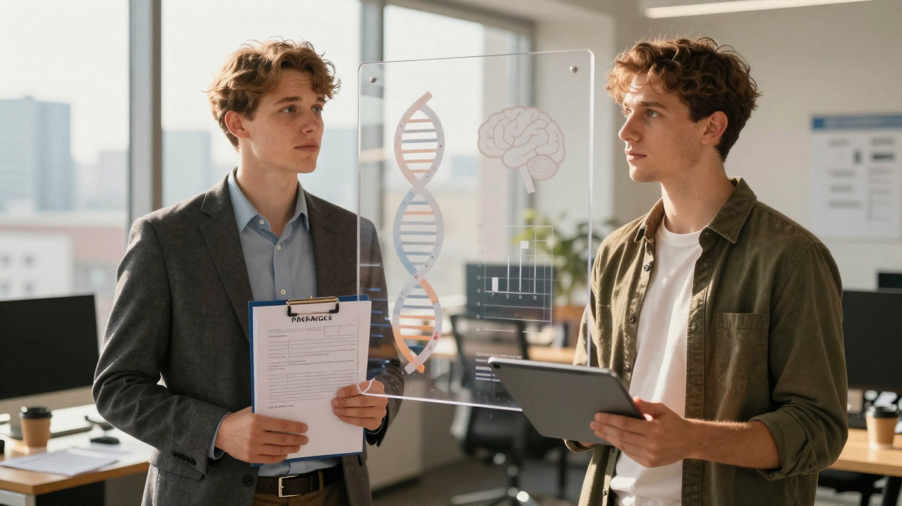 Dois jovens discutem pesquisa genética à frente de um holograma com DNA e cérebro num escritório moderno.