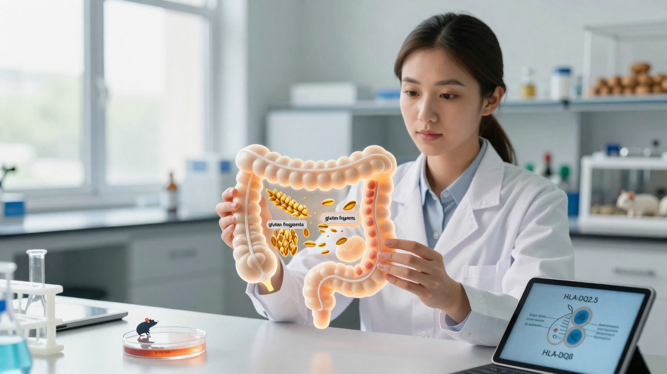 Cientista em laboratório a analisar modelo digital do intestino grosso com glúten em destaque.
