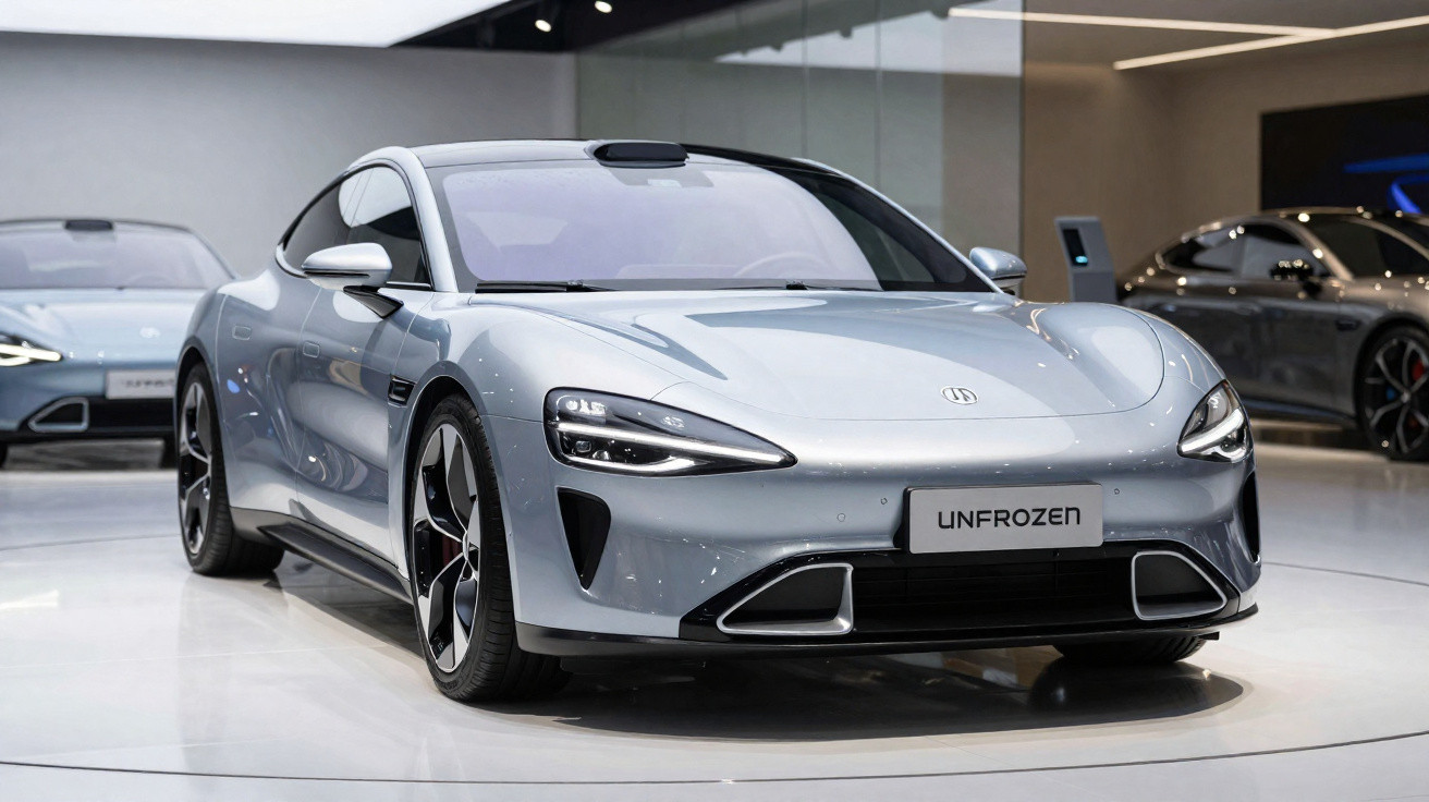 Carro desportivo elétrico prateado estacionado em exposição, com design moderno e linhas aerodinâmicas.