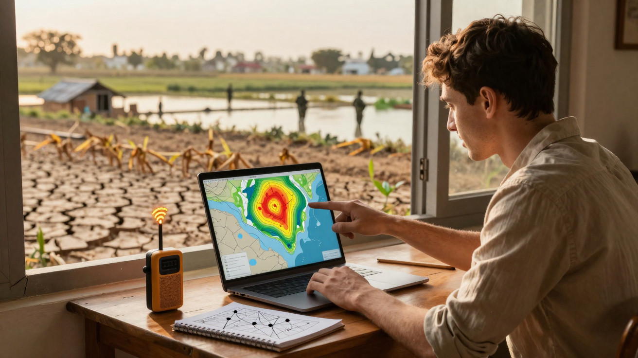 Homem analisa dados de mapa climático numa sala com vista para terreno agrícola seco e irrigação.
