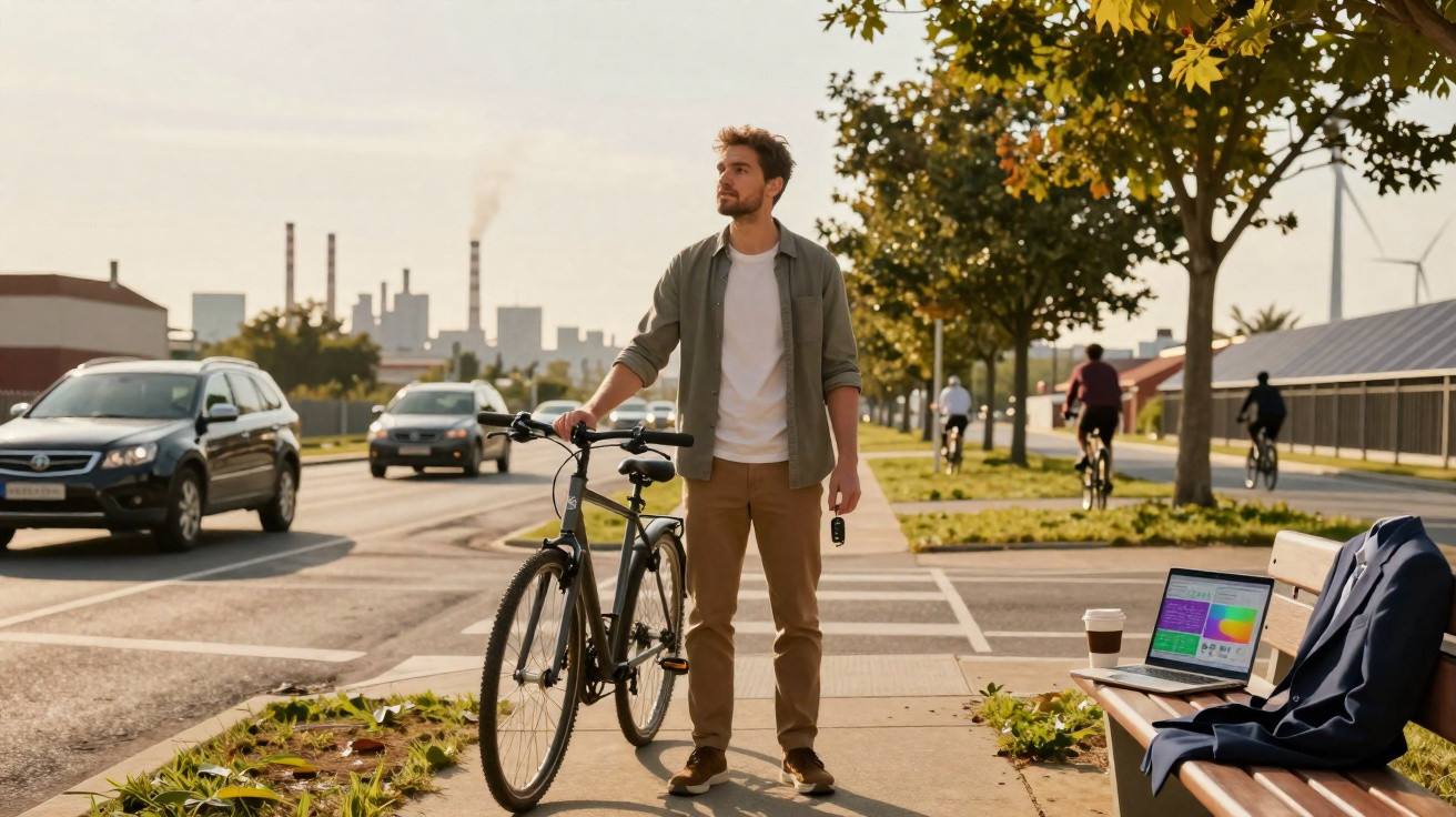 Homem jovem com bicicleta parado numa zona urbana, segurando a chave, com carros e indústria ao fundo.