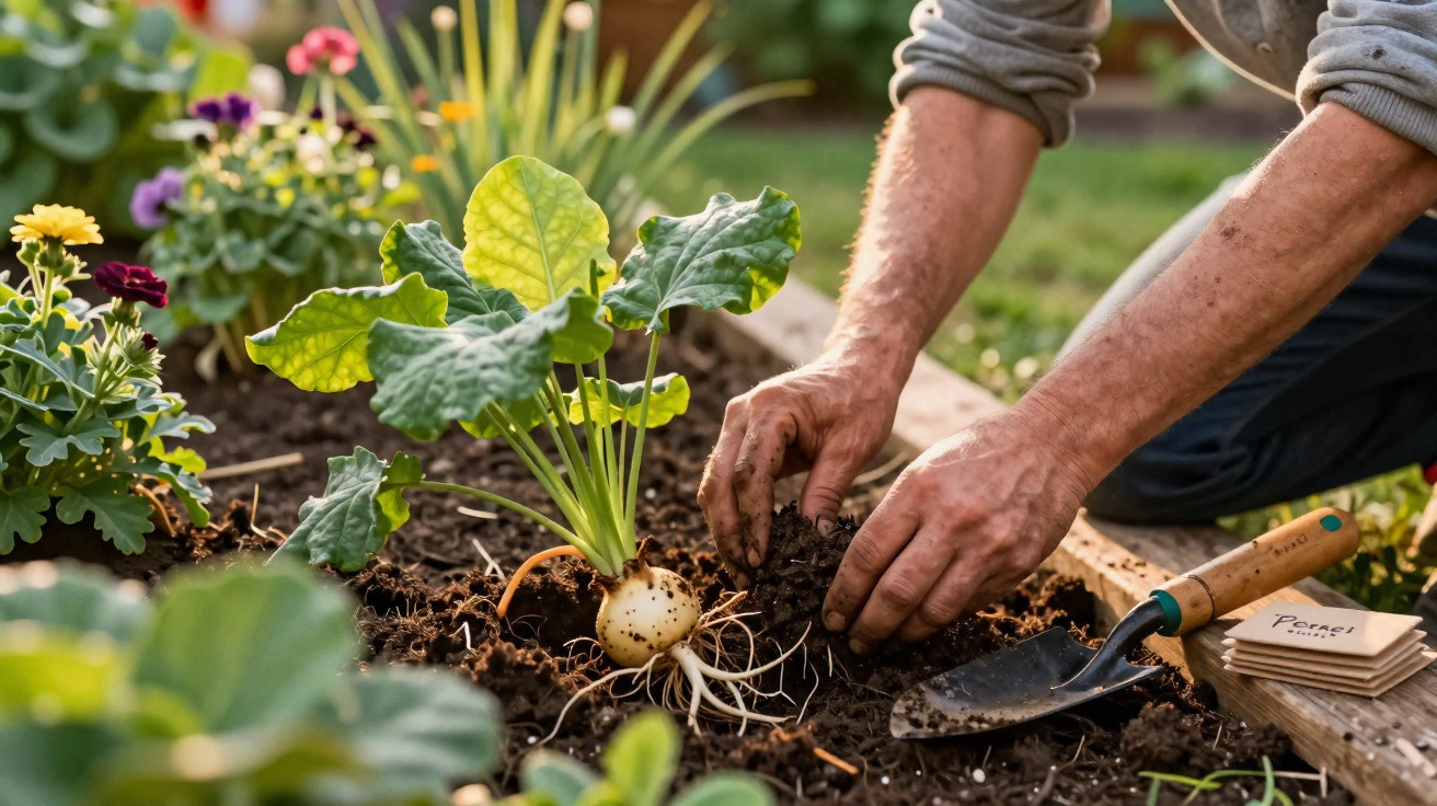 Mãos a plantar um rábano numa horta com flores e terra fresca num canteiro de madeira.