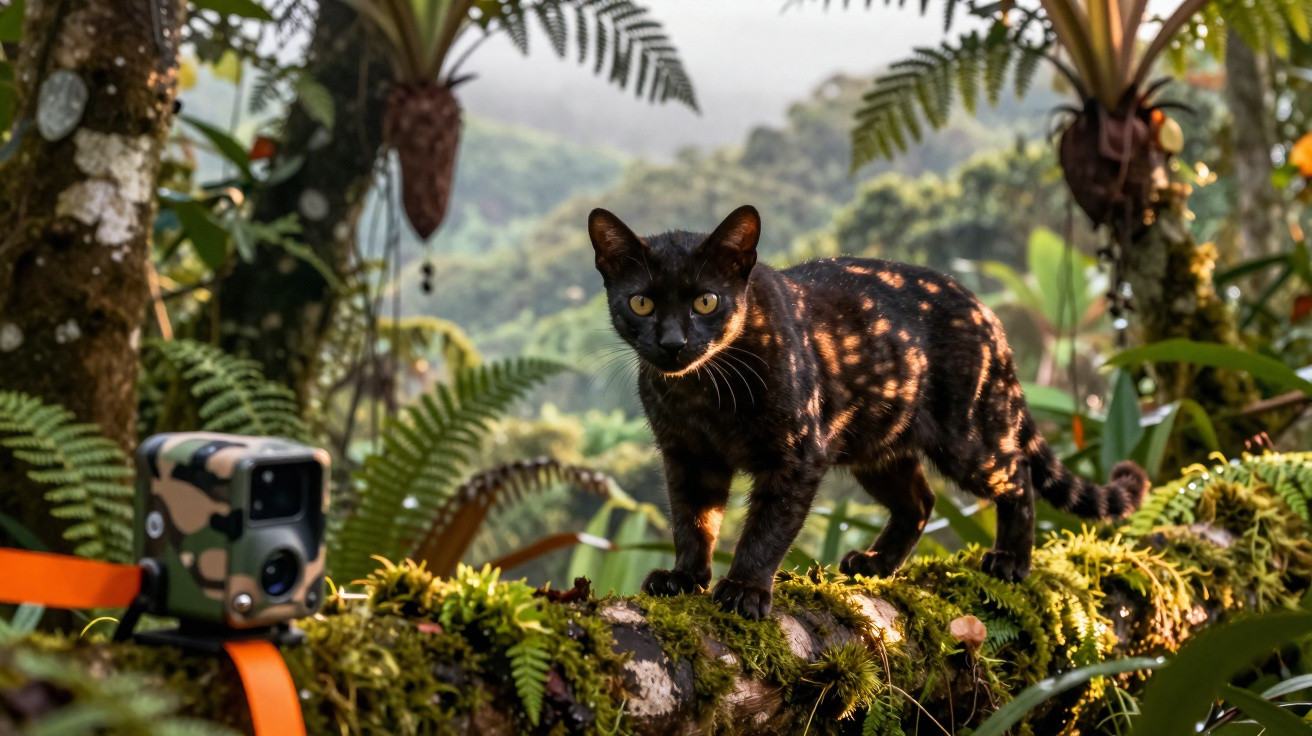Gato preto com manchas castanhas em tronco coberto de musgo numa floresta densa, ao lado de câmera camuflada.
