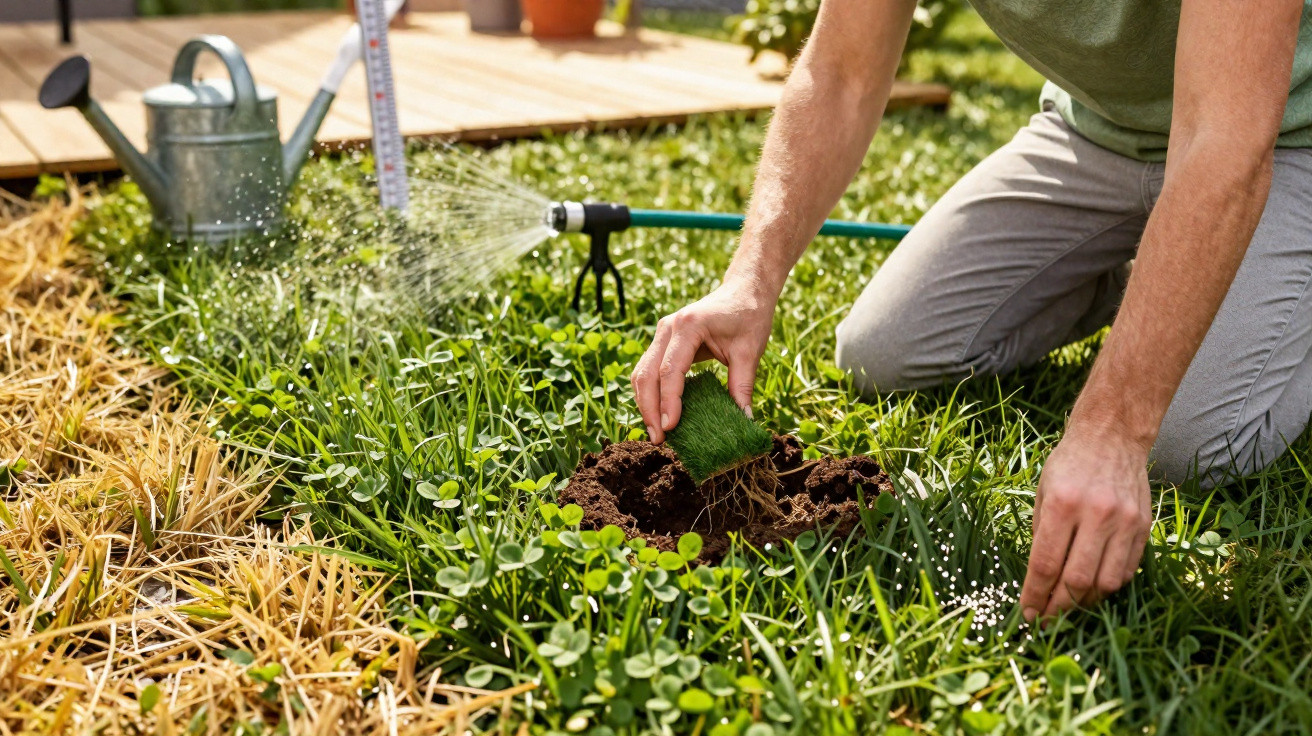Pessoa a plantar relva num jardim enquanto o relvado é regado por um aspersor automático.