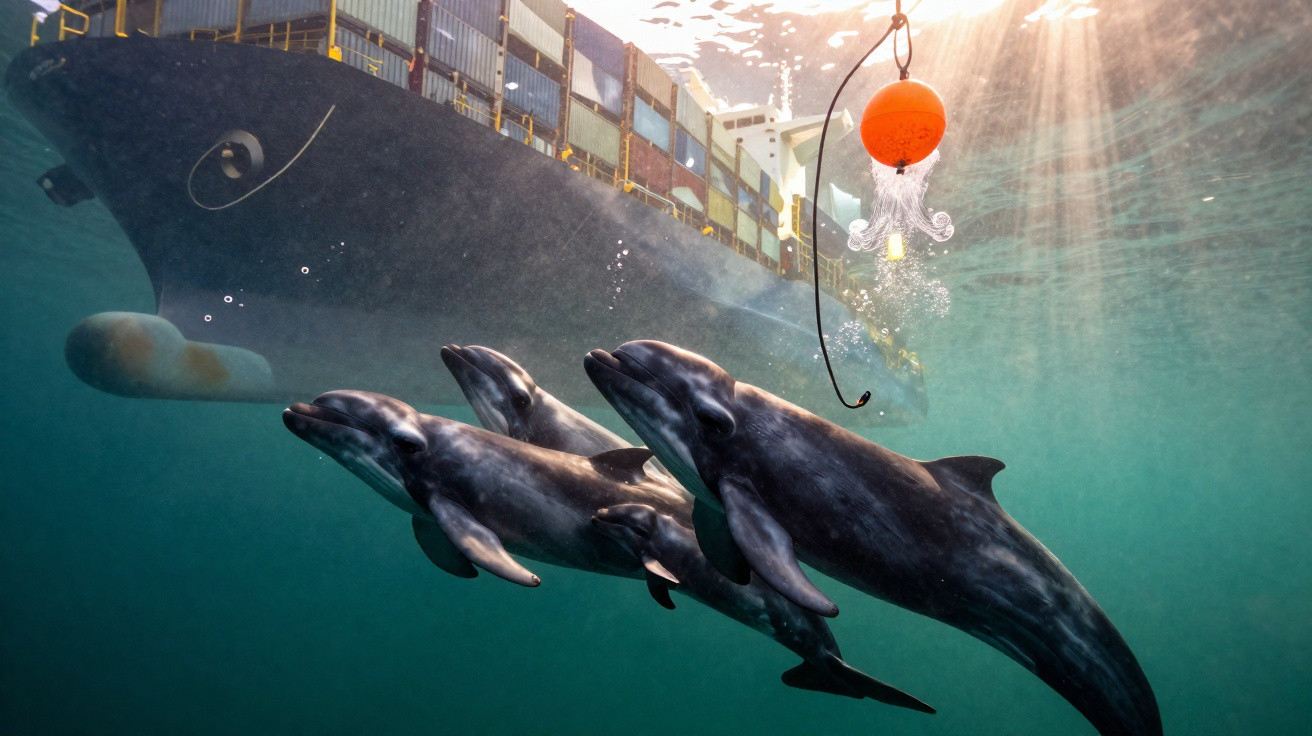 Três golfinhos nadam perto de um grande navio de carga com luz solar a penetrar na água.