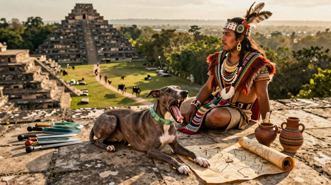 Homem indígena com trajes tradicionais sentado junto a cão, mapas e ferramentas em ruínas maias sob luz dourada.