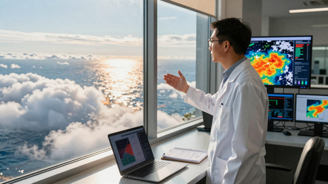 Cientista em bata branca observa e aponta para nuvens e céu através de janela com computadores ao lado.