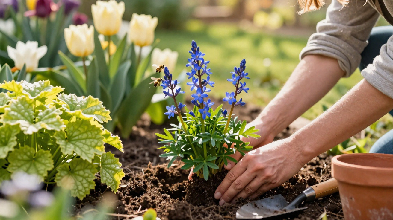 Mãos plantando flor azul com cerca de três abelhas, rodeada de tulipas amarelas e verdejantes folhas.